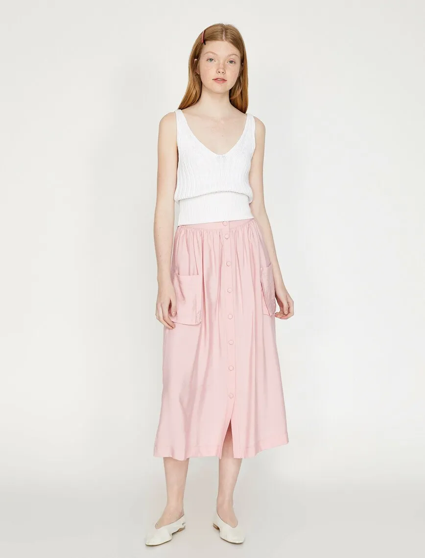 11844 Rose Button Detailed Midi Skirt