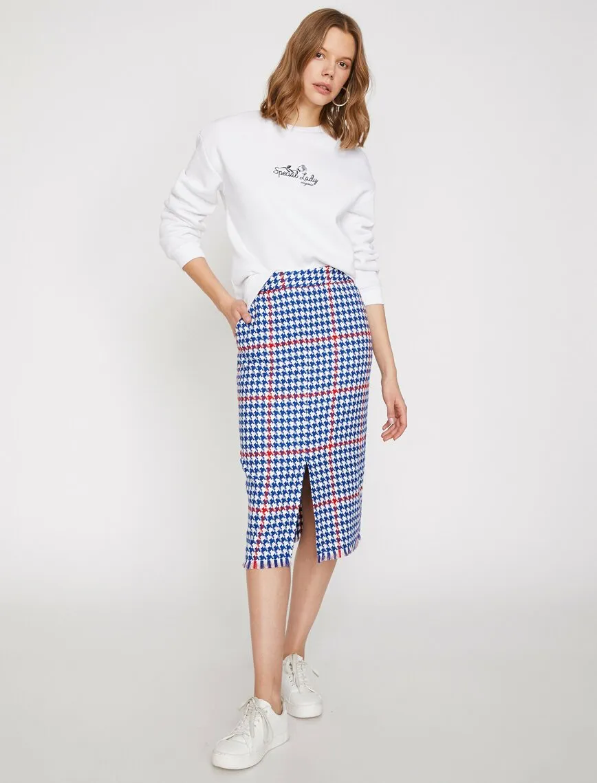 11898 Blue Patterned Midi Skirt