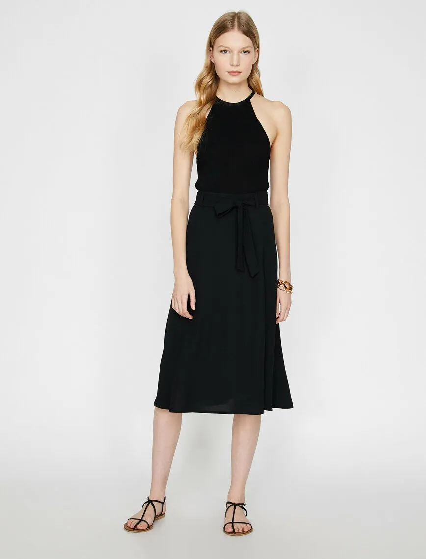 11917 Black Tie Waist Midi Skirt
