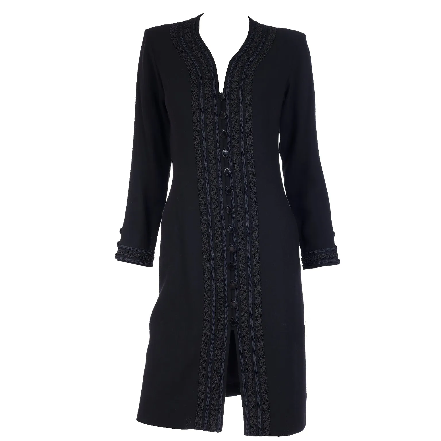 1990s Yves Saint Laurent Black Button Front Dress With Embroidery Trim