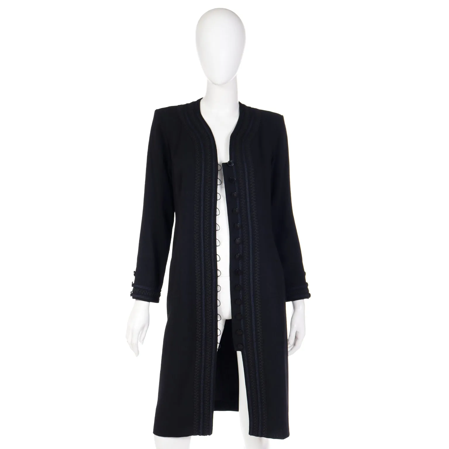 1990s Yves Saint Laurent Black Button Front Dress With Embroidery Trim