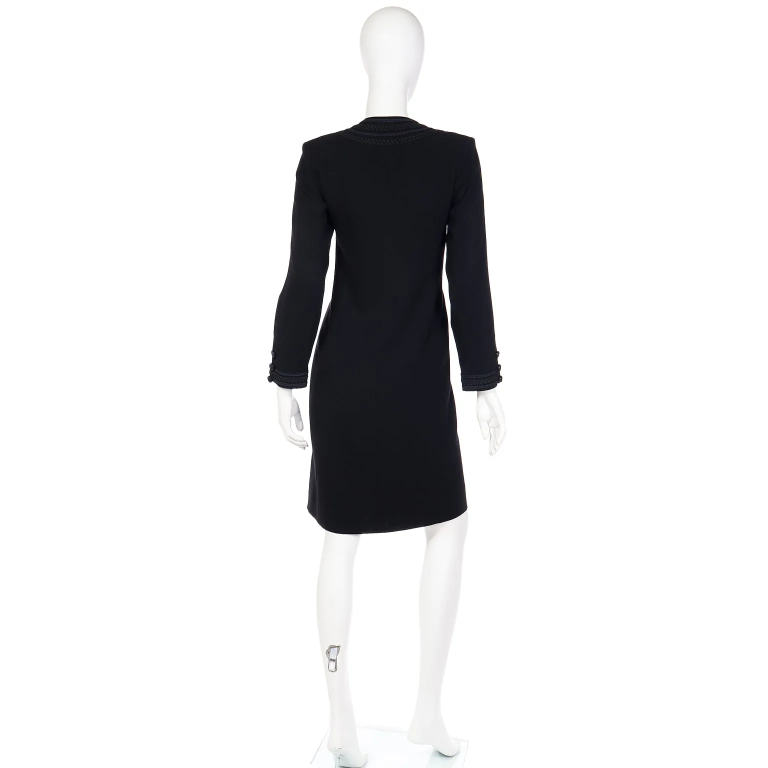 1990s Yves Saint Laurent Black Button Front Dress With Embroidery Trim
