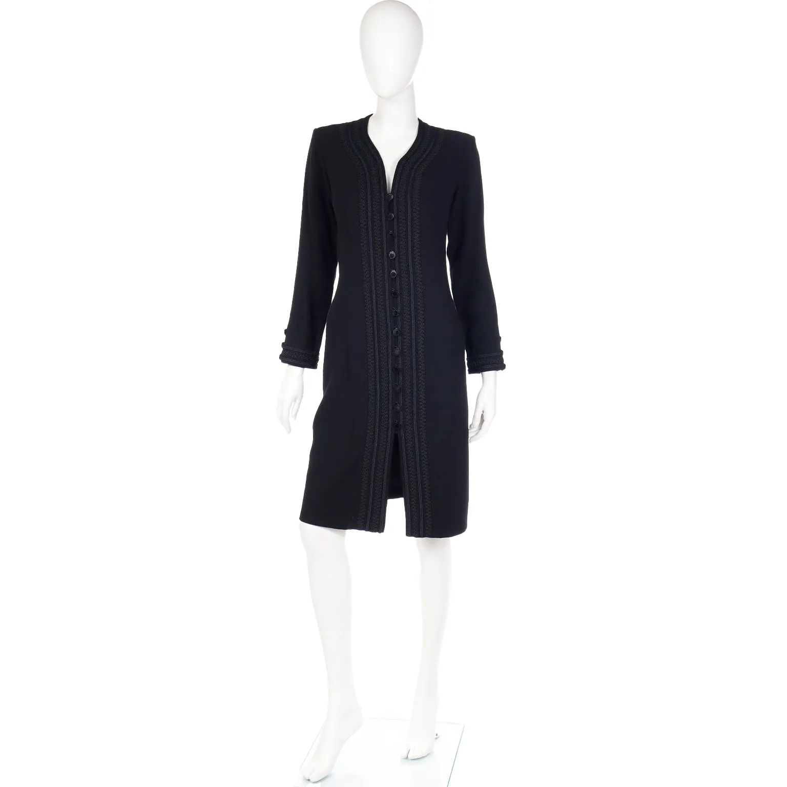 1990s Yves Saint Laurent Black Button Front Dress With Embroidery Trim