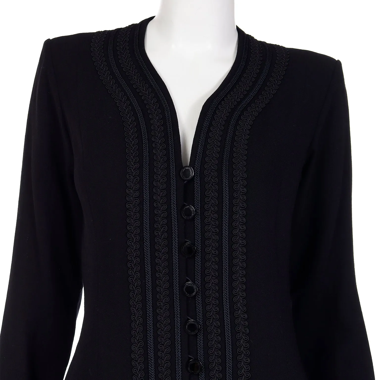1990s Yves Saint Laurent Black Button Front Dress With Embroidery Trim