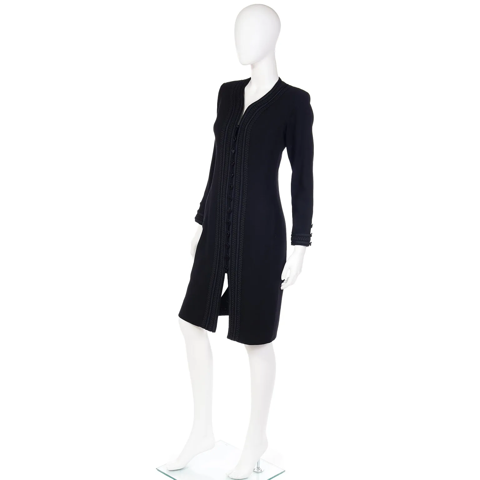 1990s Yves Saint Laurent Black Button Front Dress With Embroidery Trim