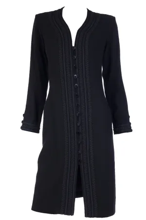 1990s Yves Saint Laurent Black Button Front Dress With Embroidery Trim