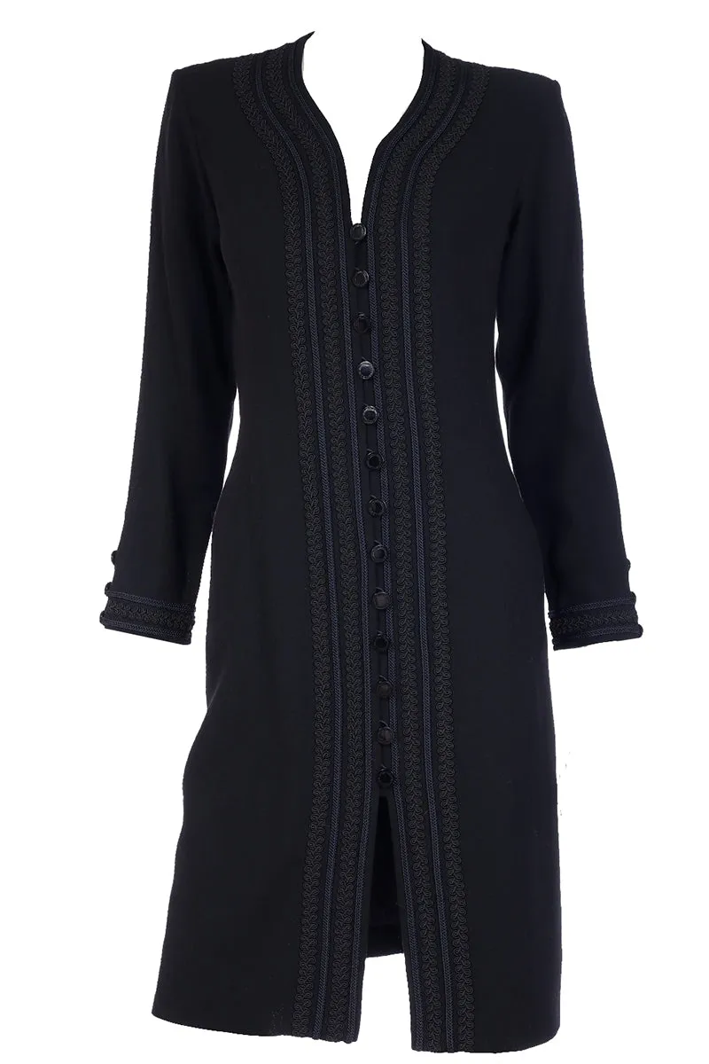 1990s Yves Saint Laurent Black Button Front Dress With Embroidery Trim