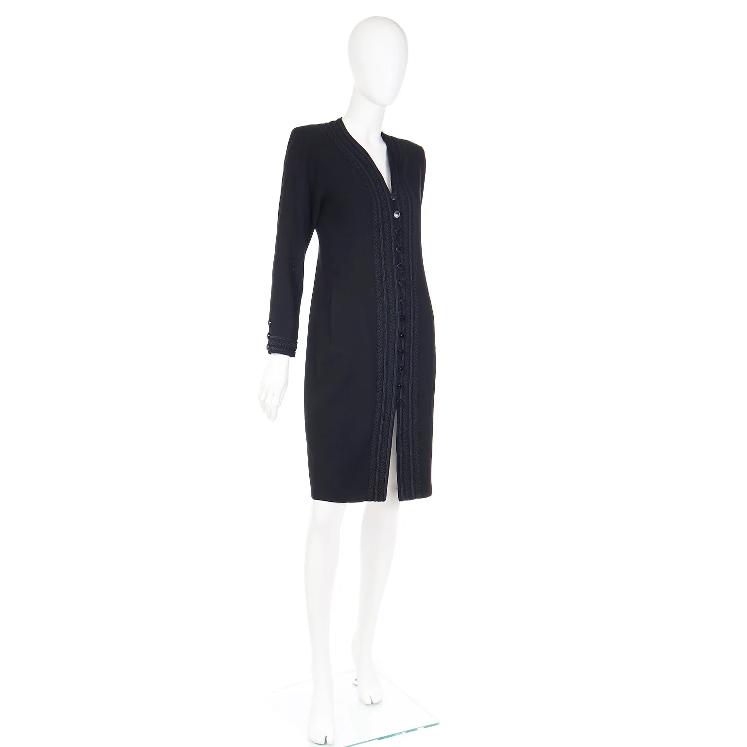 1990s Yves Saint Laurent Black Button Front Dress With Embroidery Trim