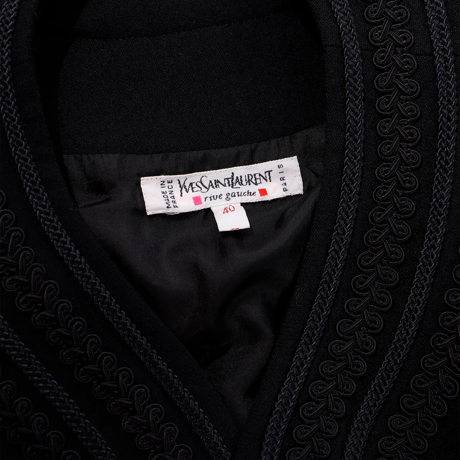 1990s Yves Saint Laurent Black Button Front Dress With Embroidery Trim