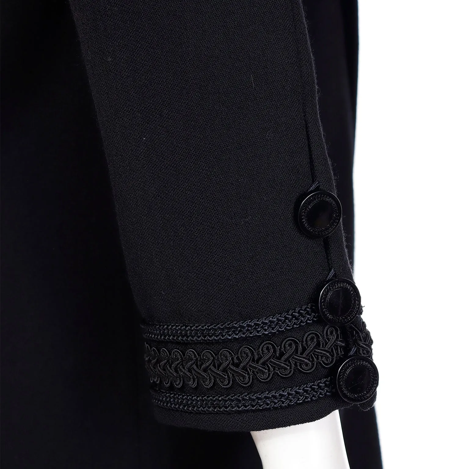 1990s Yves Saint Laurent Black Button Front Dress With Embroidery Trim