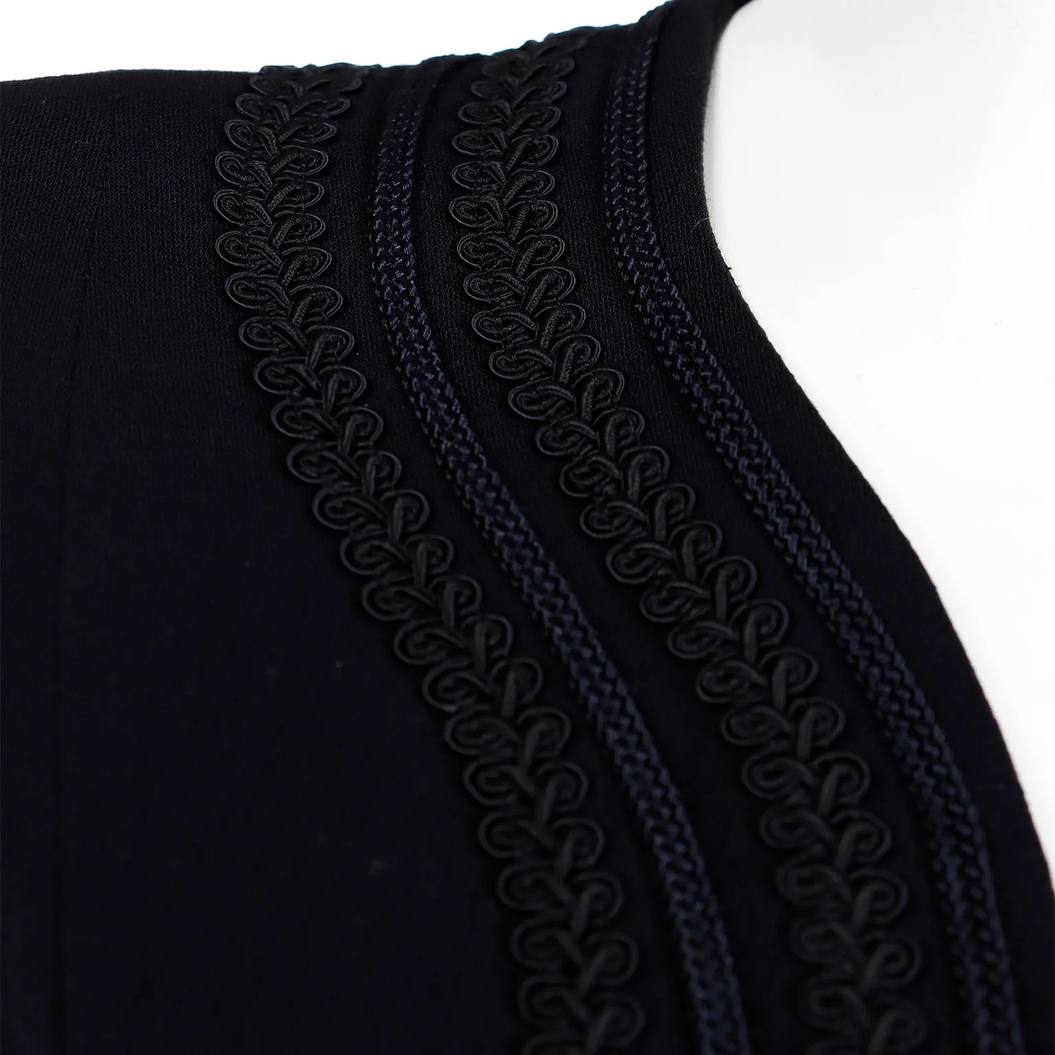 1990s Yves Saint Laurent Black Button Front Dress With Embroidery Trim