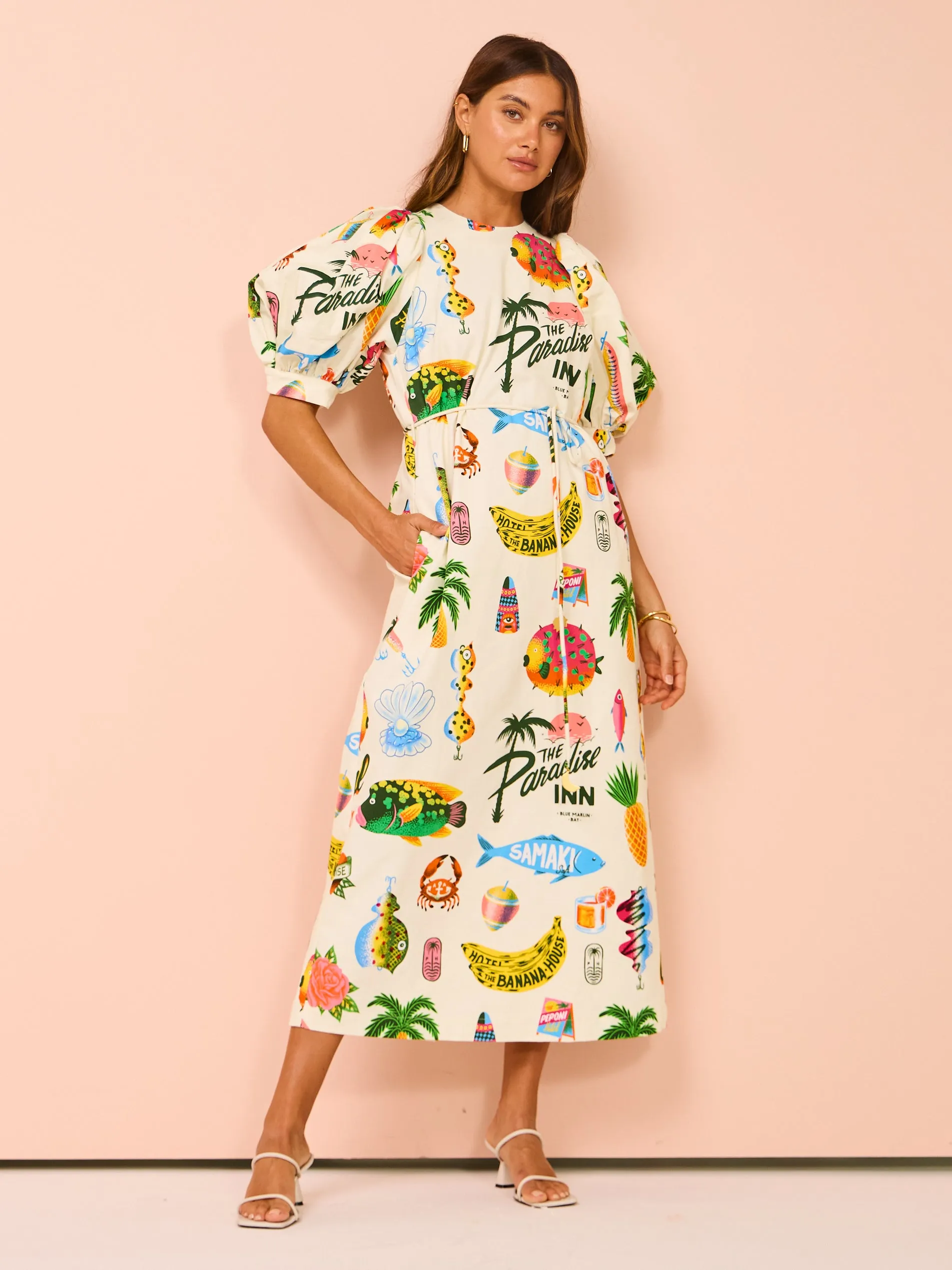 Alemais Samaki Puff Sleeve Midi Dress in Multi