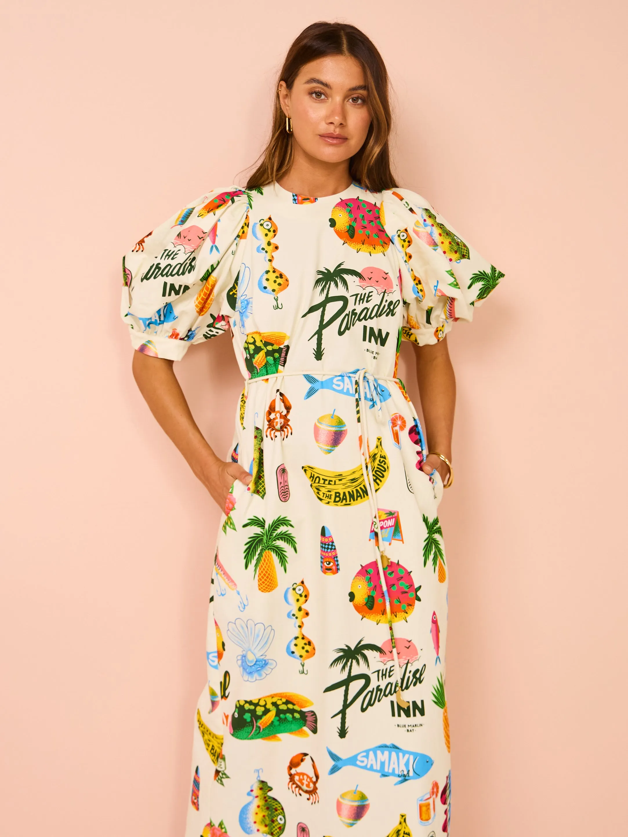 Alemais Samaki Puff Sleeve Midi Dress in Multi