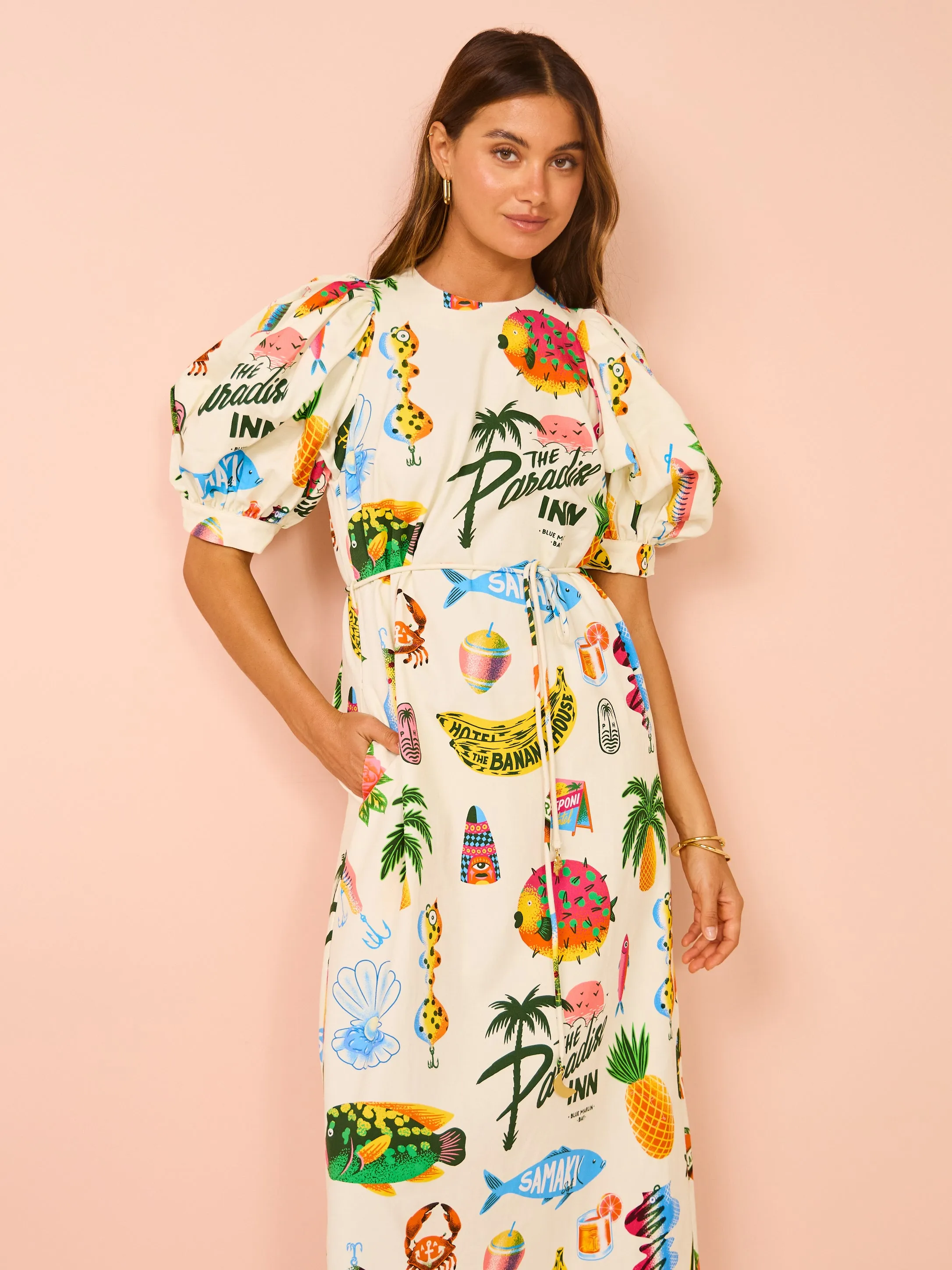 Alemais Samaki Puff Sleeve Midi Dress in Multi