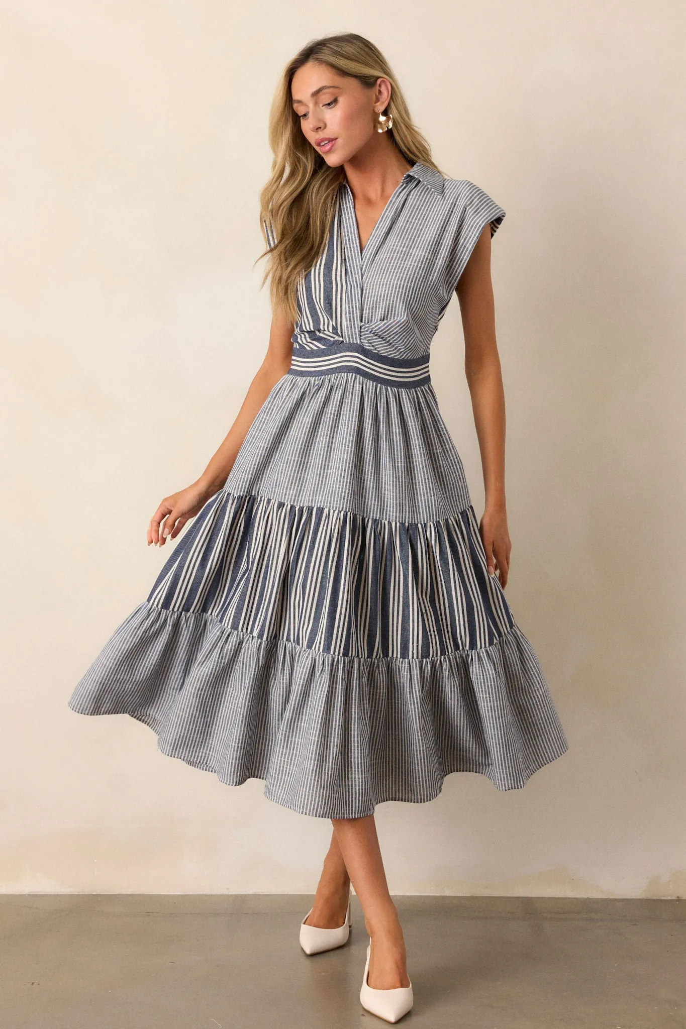 Along The Way Navy Stripe Cap Sleeve Midi Dress