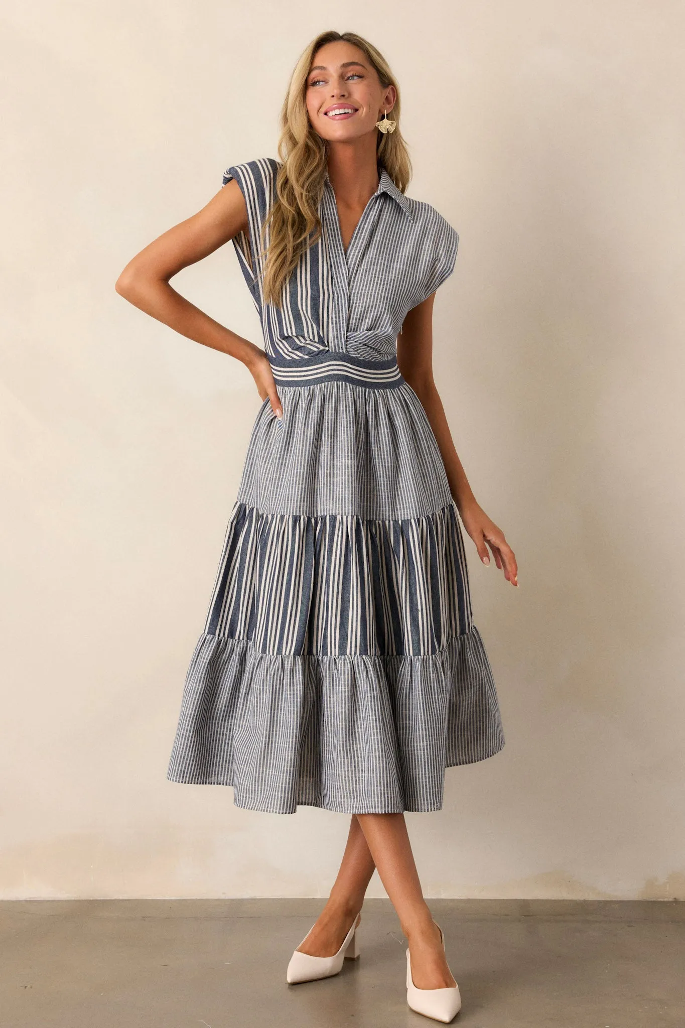 Along The Way Navy Stripe Cap Sleeve Midi Dress