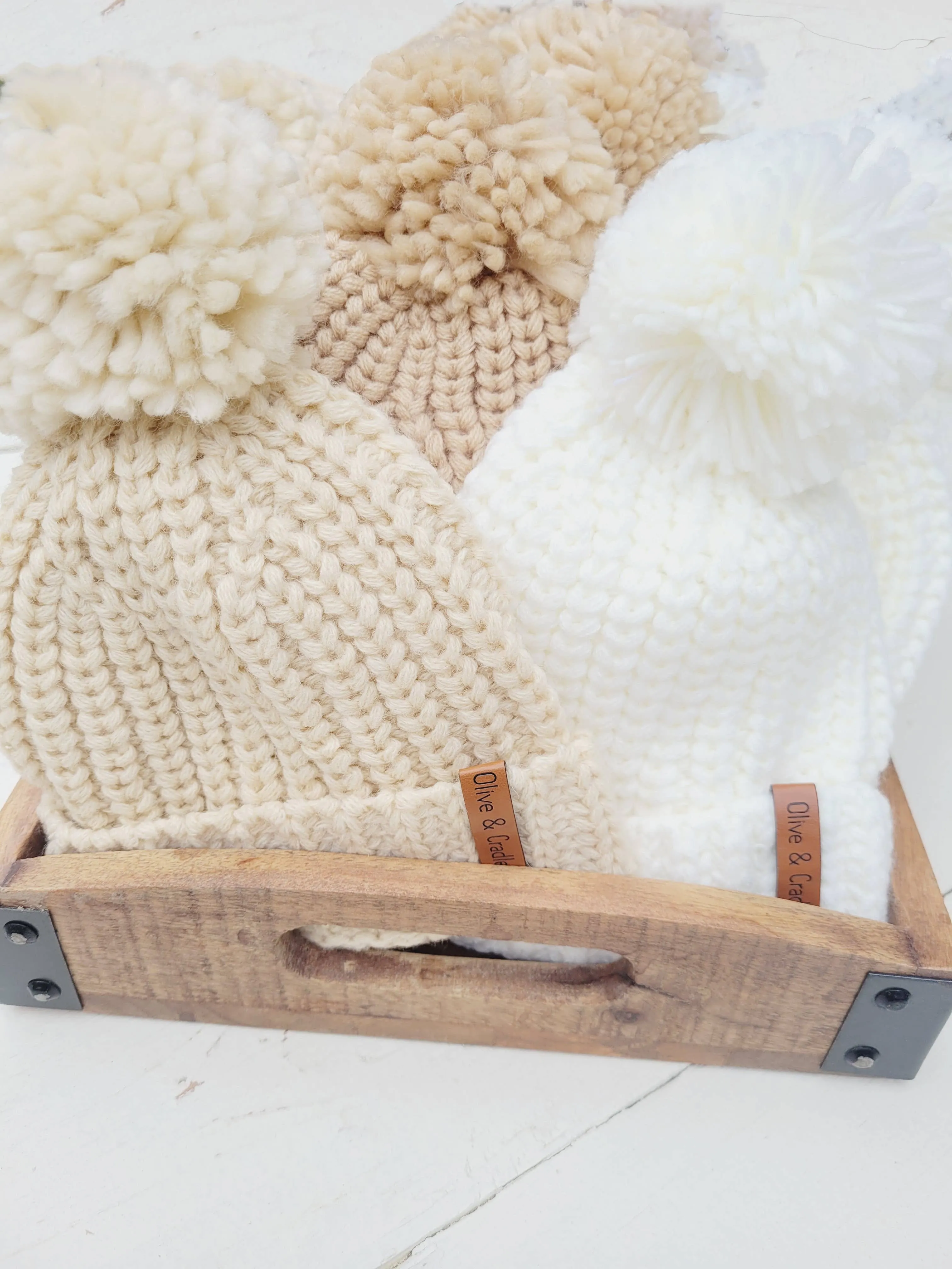 Baby Beanie Knit Hat with Pom Pom: Beige / S/3-12m