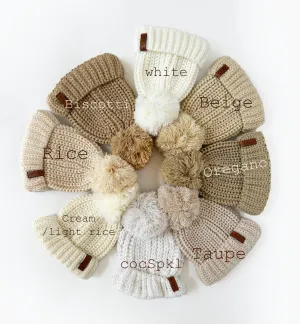 Baby Beanie Knit Hat with Pom Pom: Beige / S/3-12m