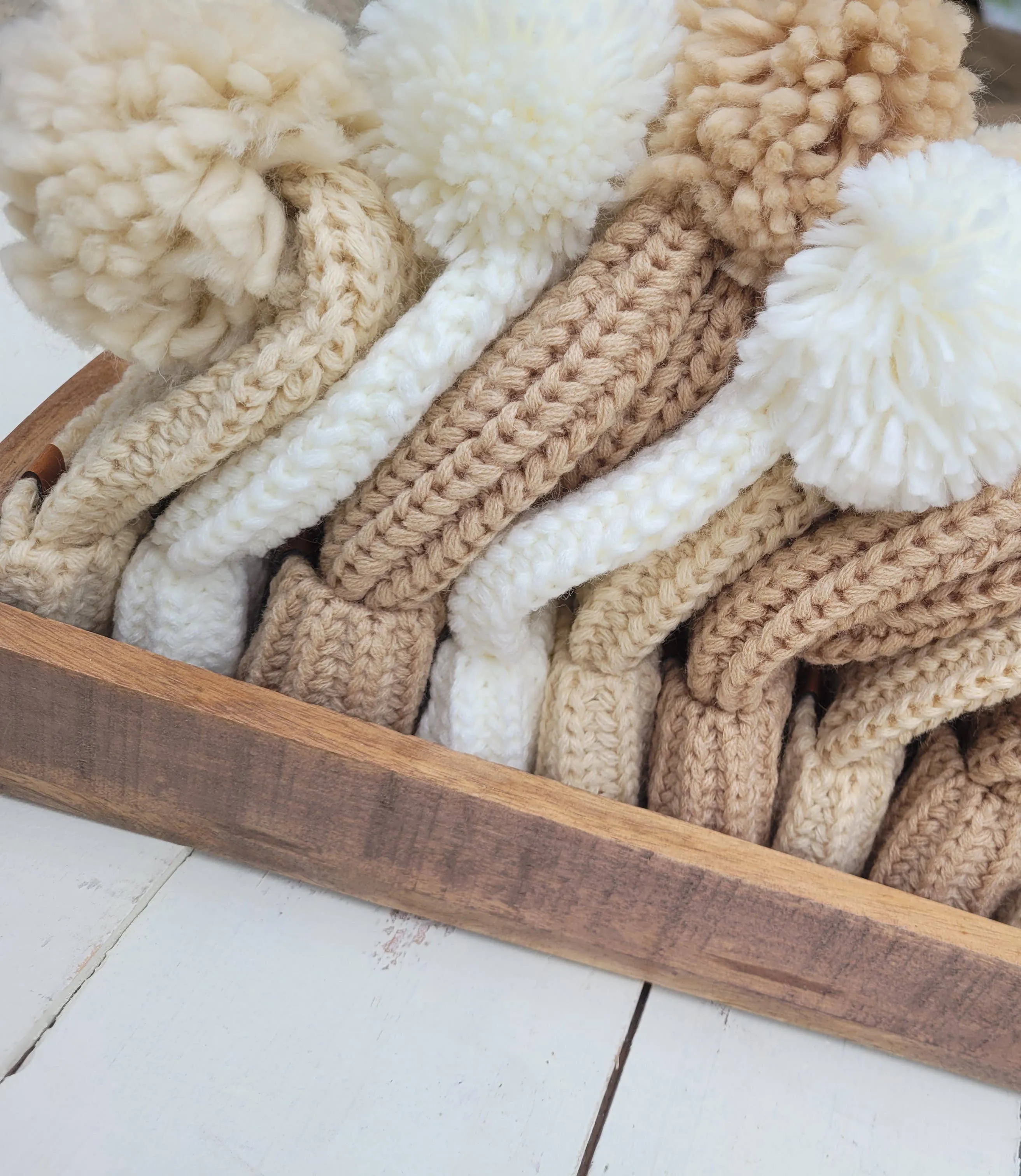 Baby Beanie Knit Hat with Pom Pom: Beige / S/3-12m
