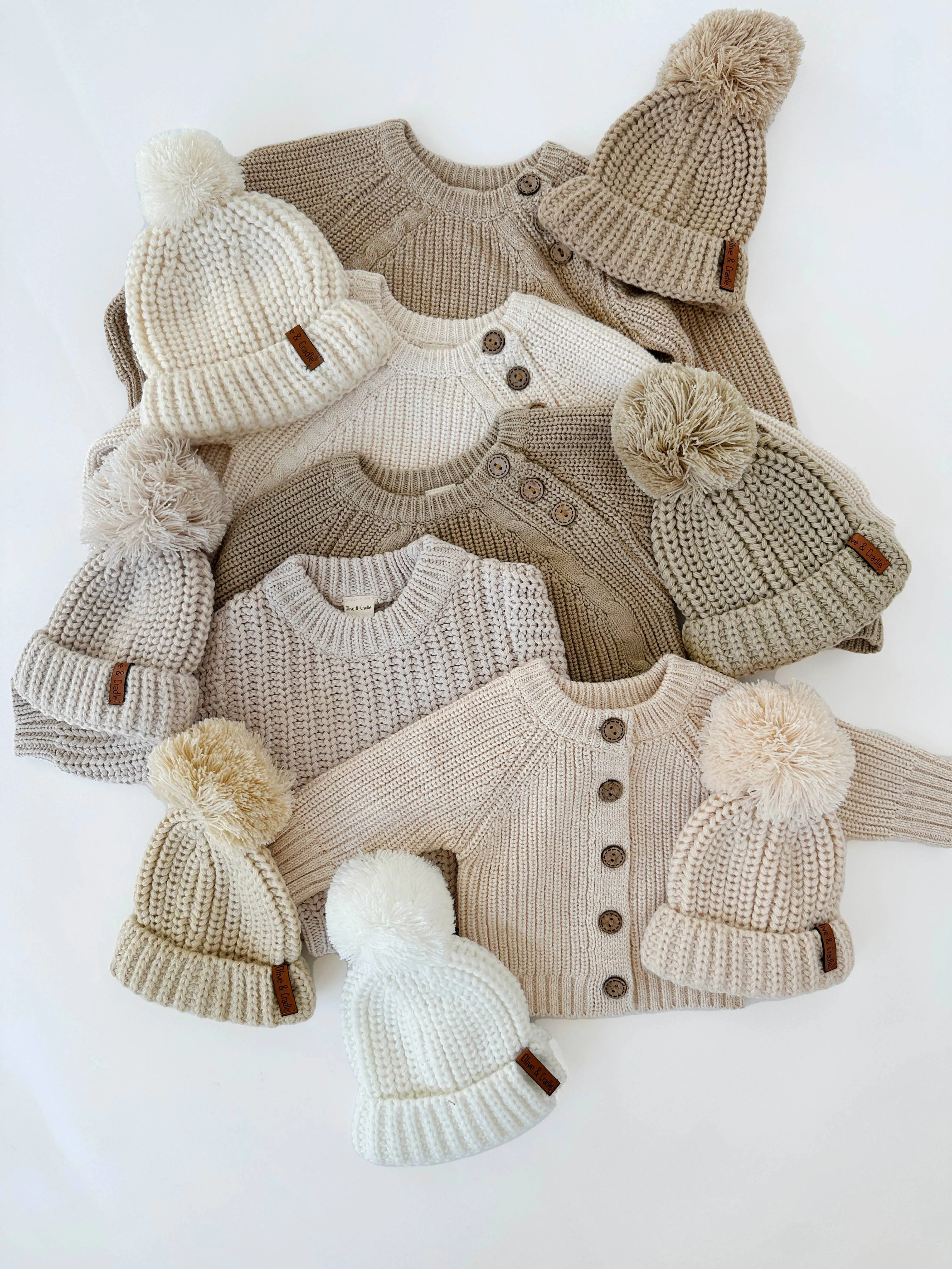 Baby Beanie Knit Hat with Pom Pom: Beige / S/3-12m