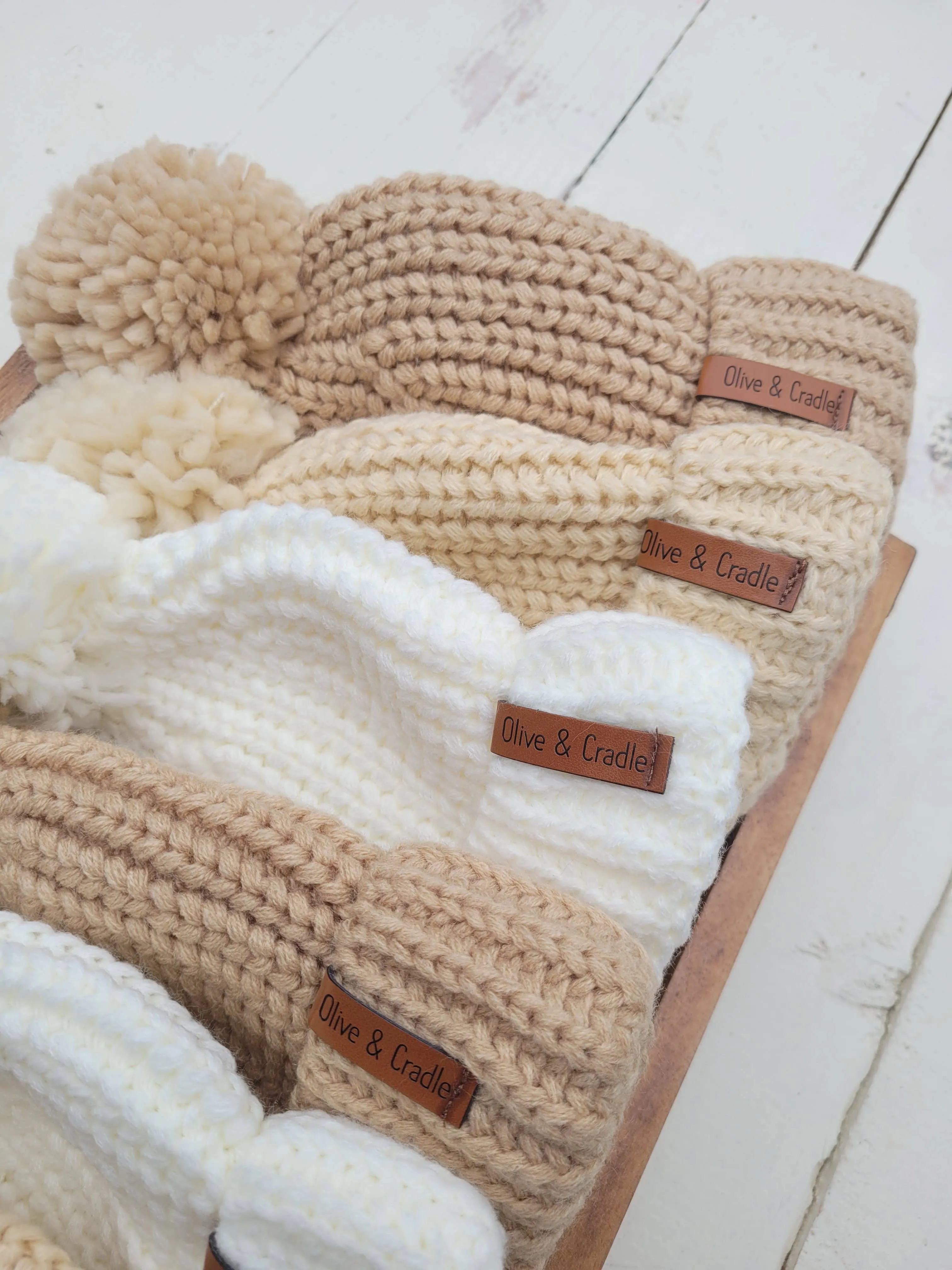Baby Beanie Knit Hat with Pom Pom: Beige / S/3-12m