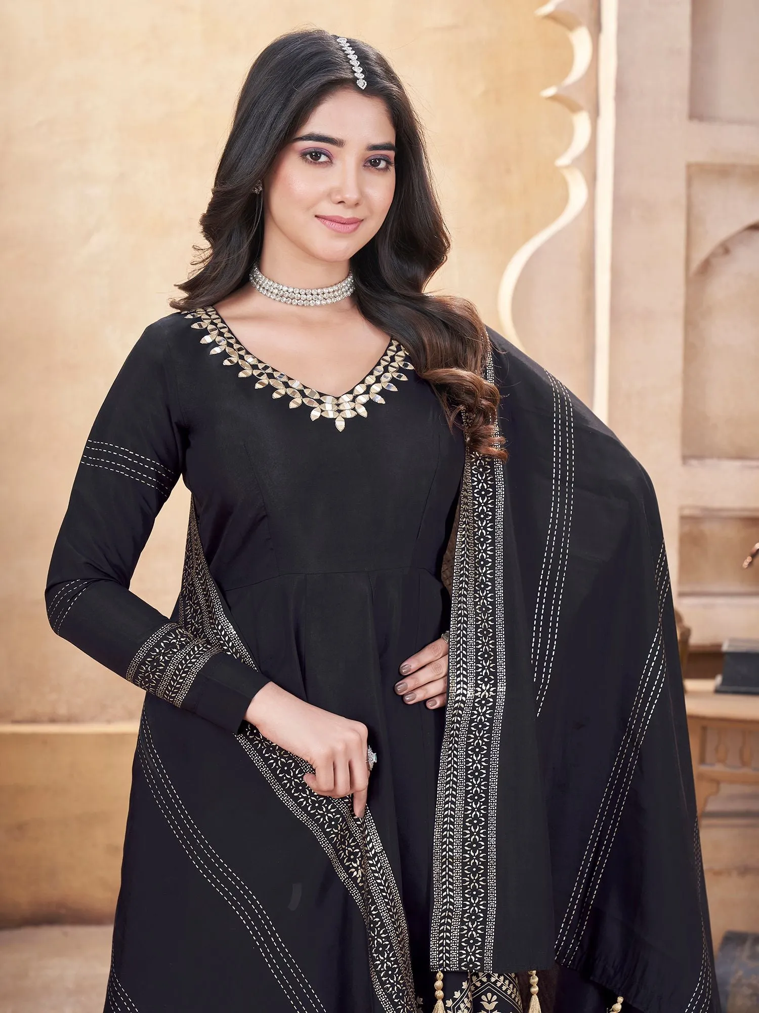 Black Colour Pure Roman Silk Readymade Salwar Suit With Foil Print, Mirror And Thread Work Anarkali Salwar Suit