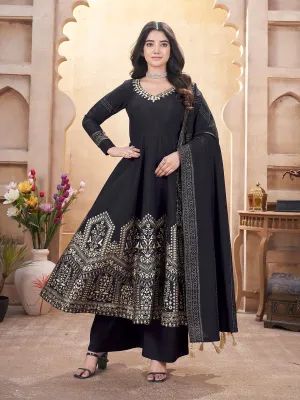 Black Colour Pure Roman Silk Readymade Salwar Suit With Foil Print, Mirror And Thread Work Anarkali Salwar Suit