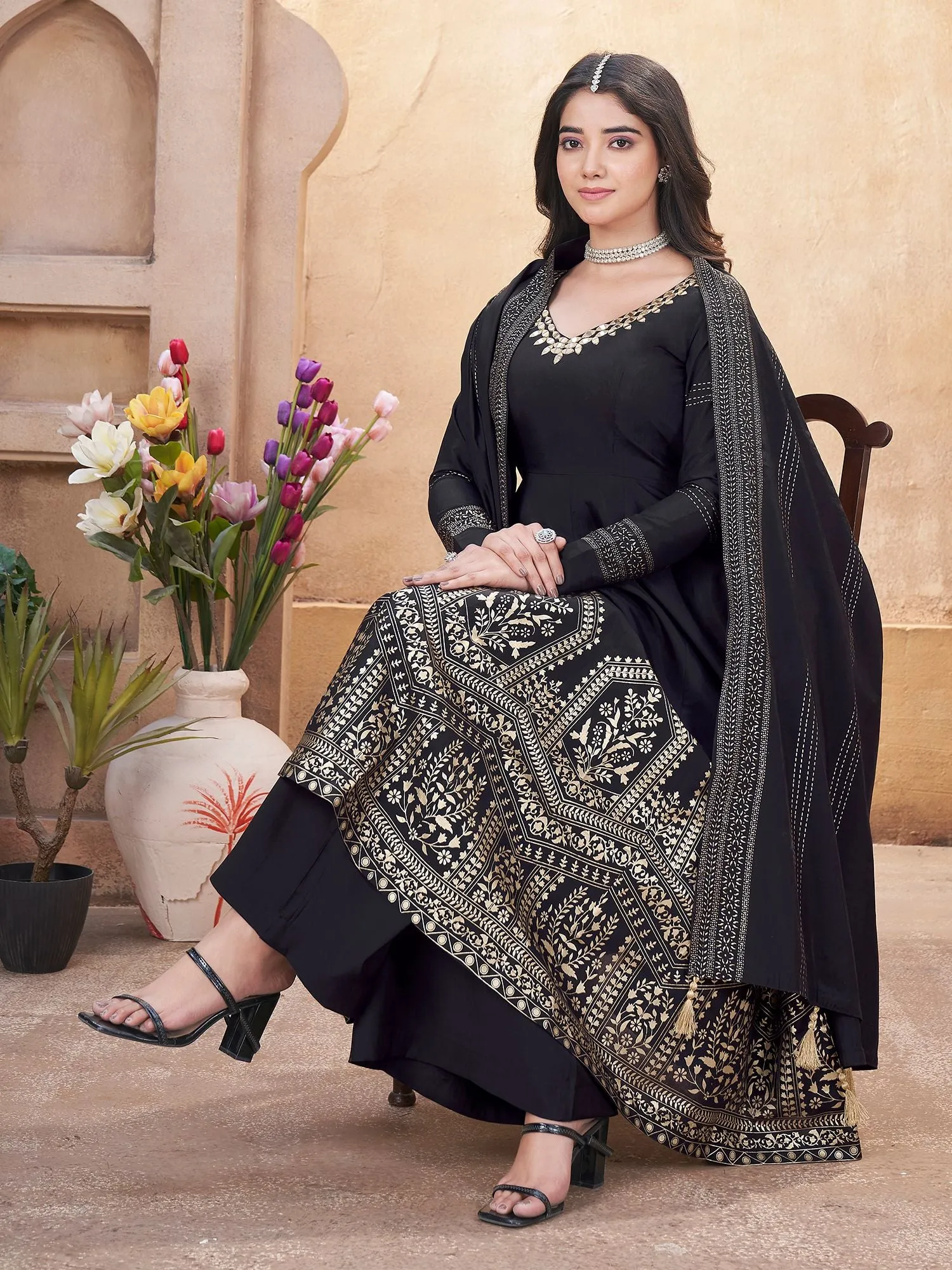 Black Colour Pure Roman Silk Readymade Salwar Suit With Foil Print, Mirror And Thread Work Anarkali Salwar Suit
