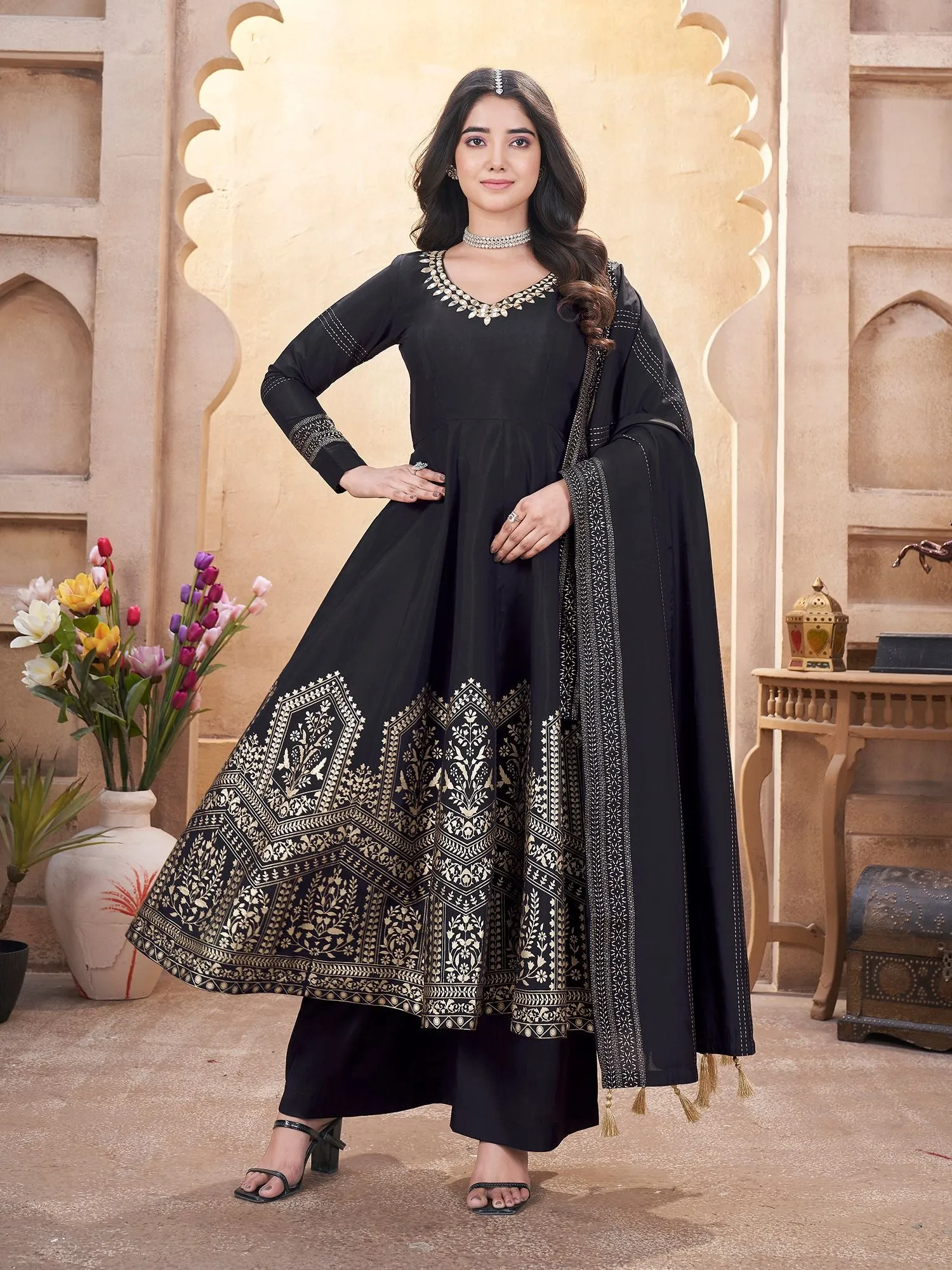 Black Colour Pure Roman Silk Readymade Salwar Suit With Foil Print, Mirror And Thread Work Anarkali Salwar Suit