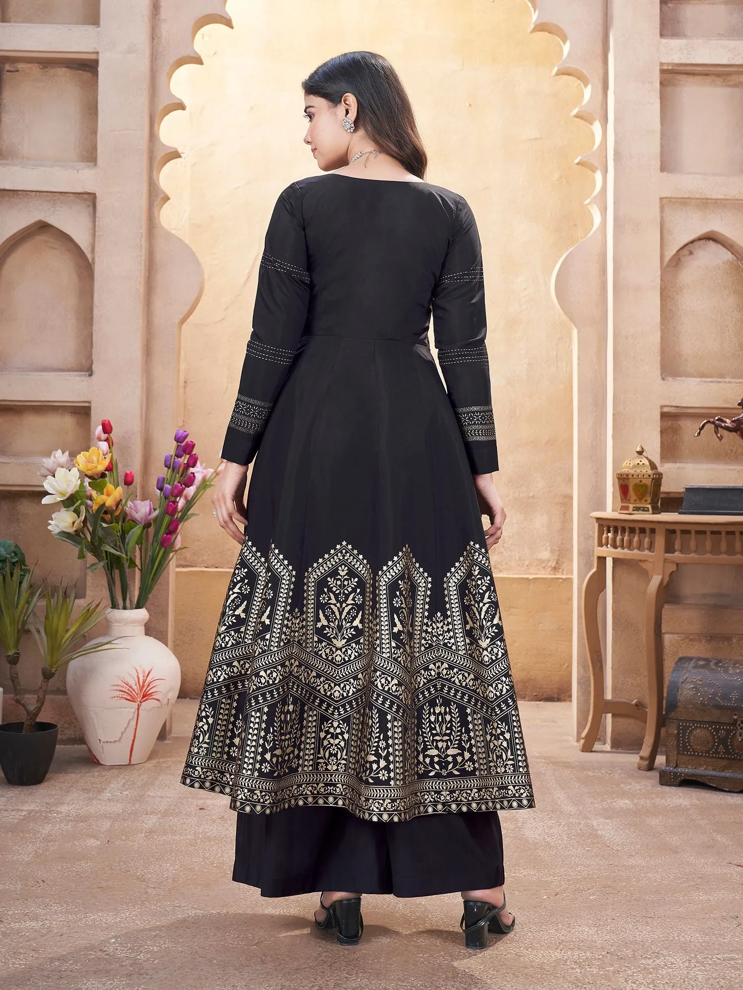 Black Colour Pure Roman Silk Readymade Salwar Suit With Foil Print, Mirror And Thread Work Anarkali Salwar Suit