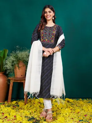 Black Colour Rayon Print with Embroidery & Sequence Work Kurti Pant Dupatta