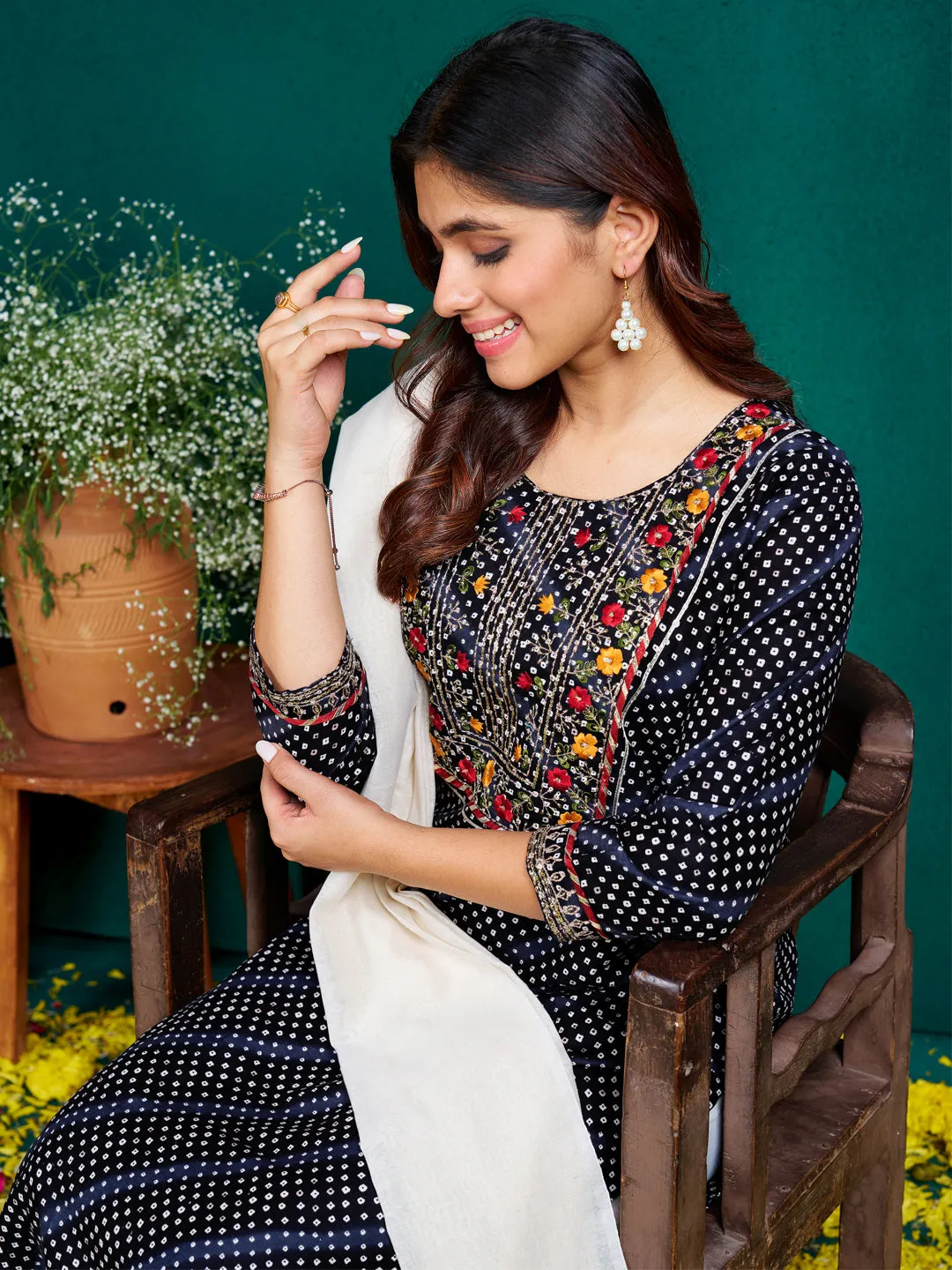 Black Colour Rayon Print with Embroidery & Sequence Work Kurti Pant Dupatta