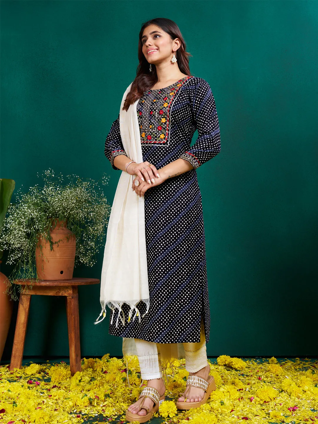 Black Colour Rayon Print with Embroidery & Sequence Work Kurti Pant Dupatta