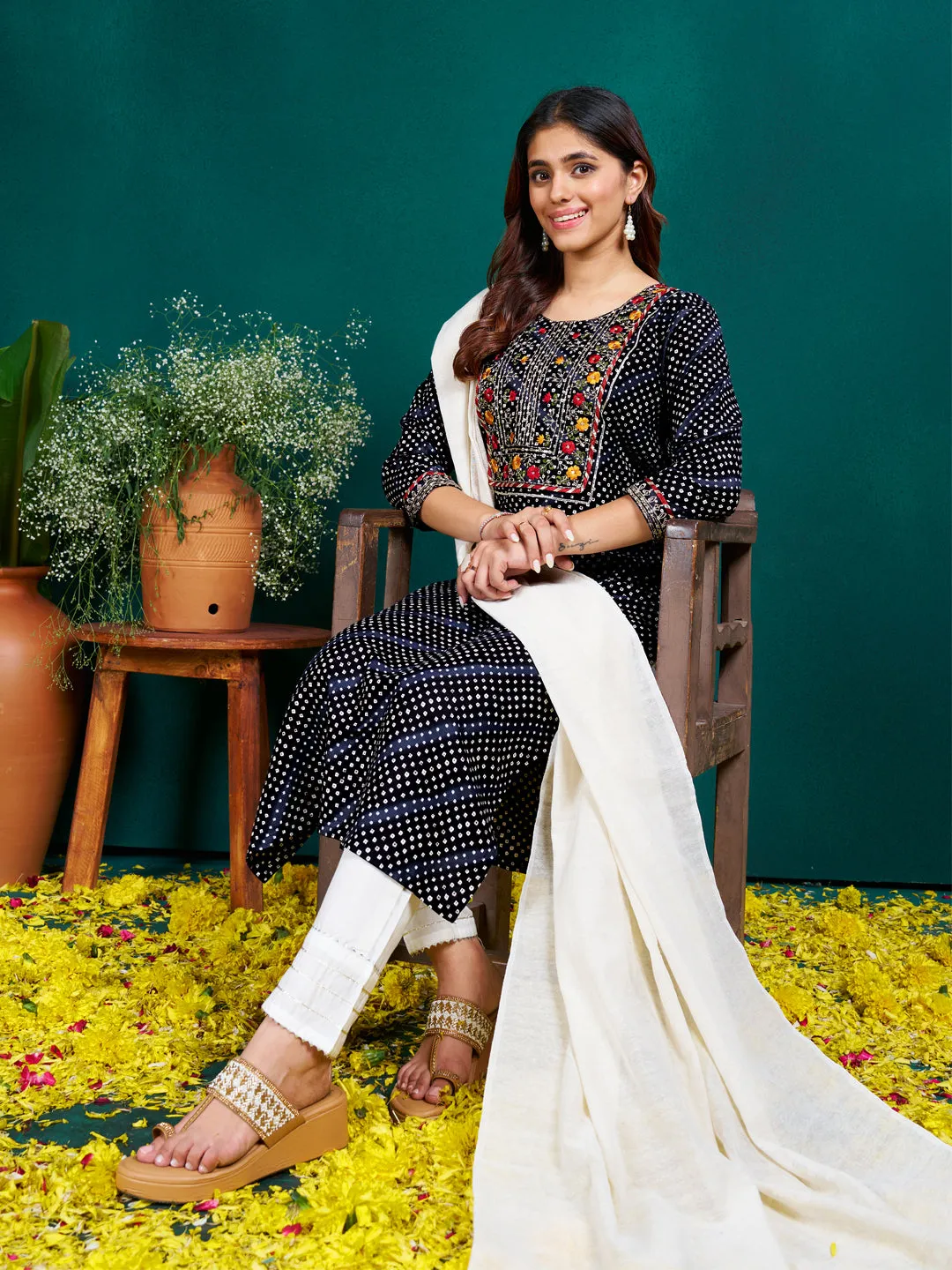 Black Colour Rayon Print with Embroidery & Sequence Work Kurti Pant Dupatta