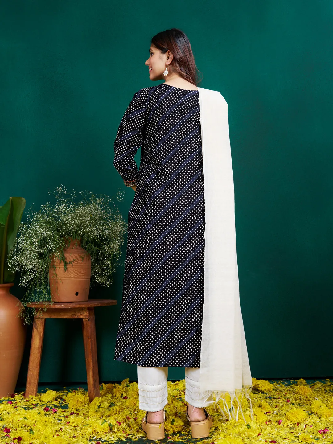 Black Colour Rayon Print with Embroidery & Sequence Work Kurti Pant Dupatta