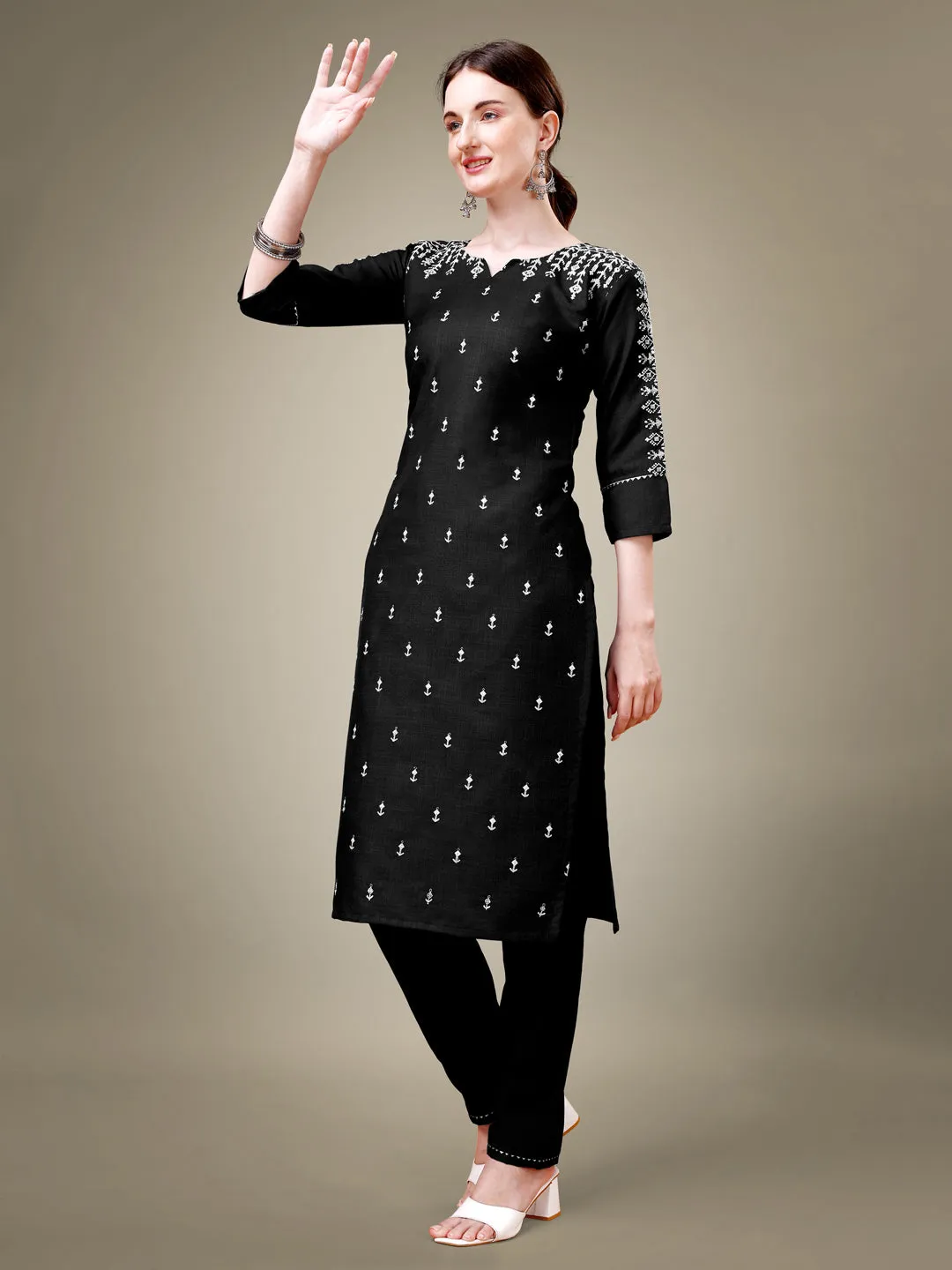 Black Heavy Cotton Blend with Embroidery Work Kurti Set