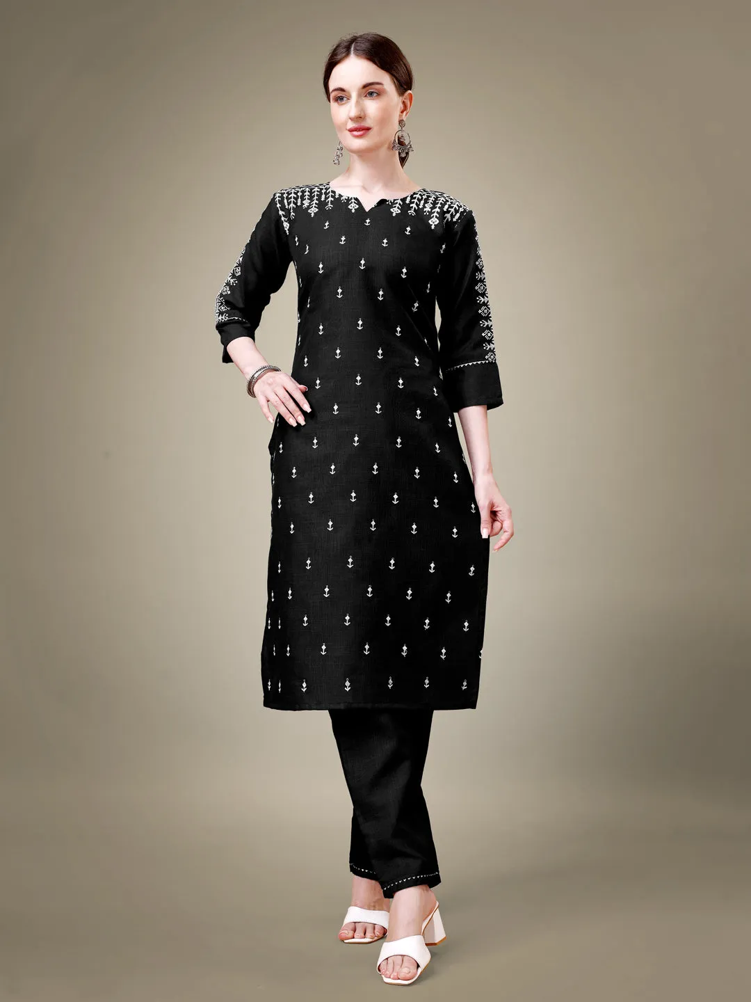 Black Heavy Cotton Blend with Embroidery Work Kurti Set