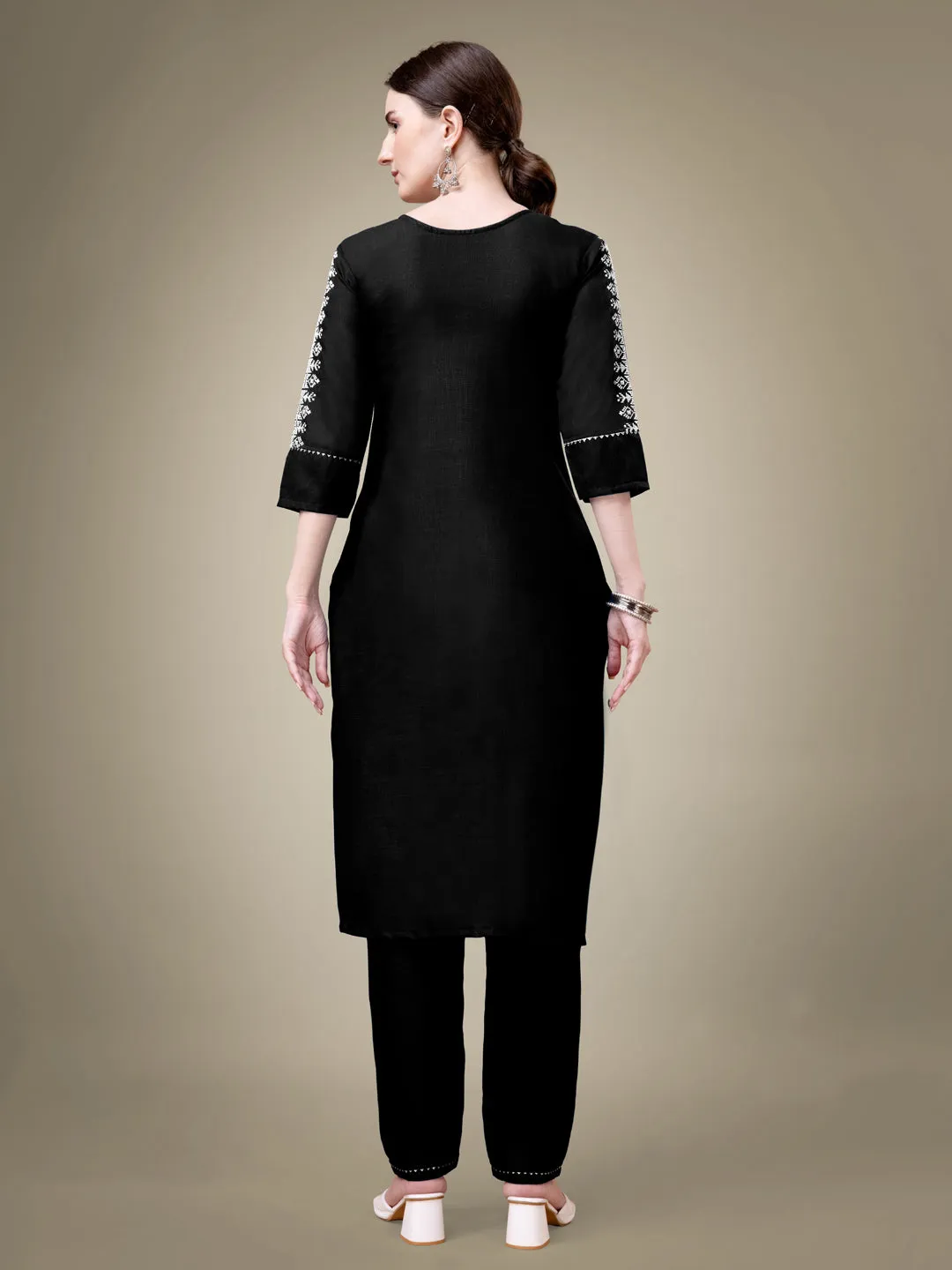 Black Heavy Cotton Blend with Embroidery Work Kurti Set
