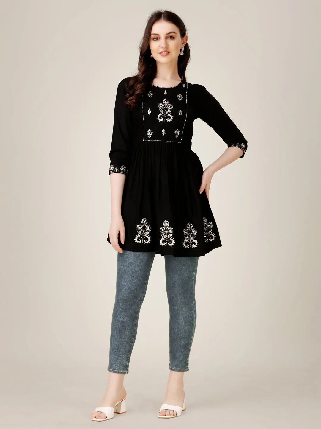 Black Heavy Rayon with Embroidery & Sequence Work Western Top Kurti