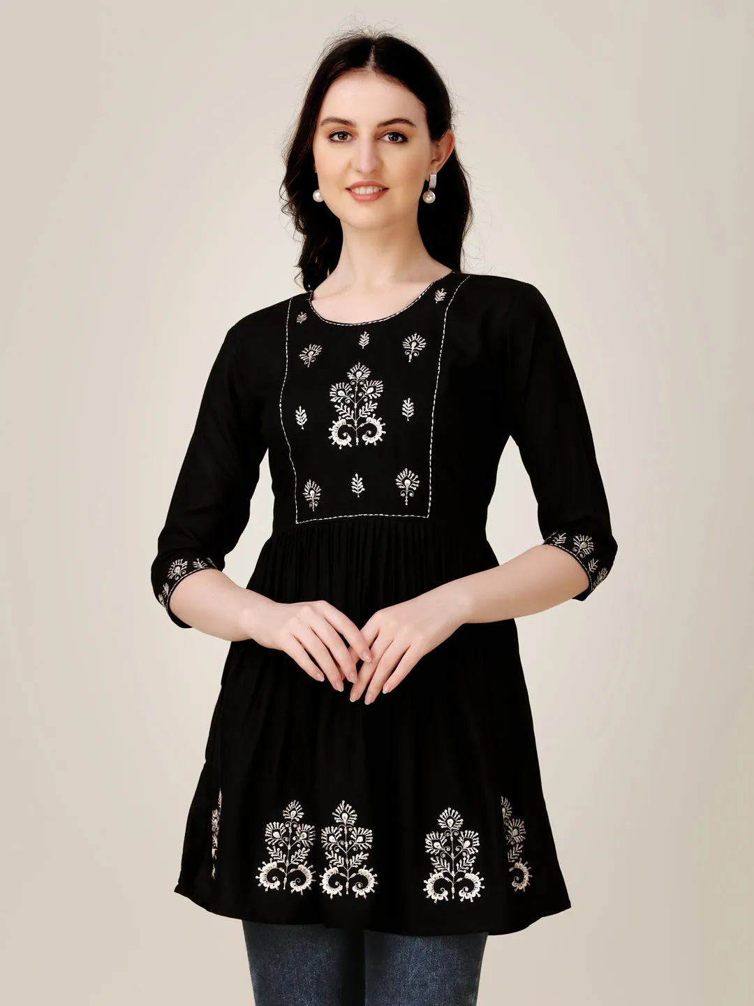 Black Heavy Rayon with Embroidery & Sequence Work Western Top Kurti