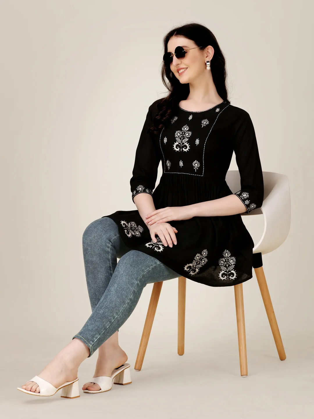 Black Heavy Rayon with Embroidery & Sequence Work Western Top Kurti