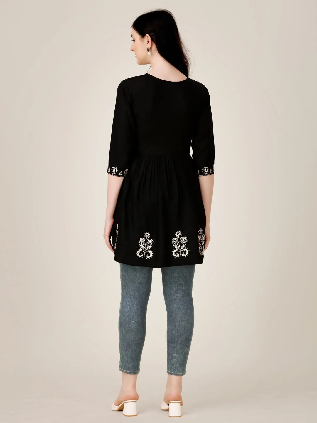 Black Heavy Rayon with Embroidery & Sequence Work Western Top Kurti