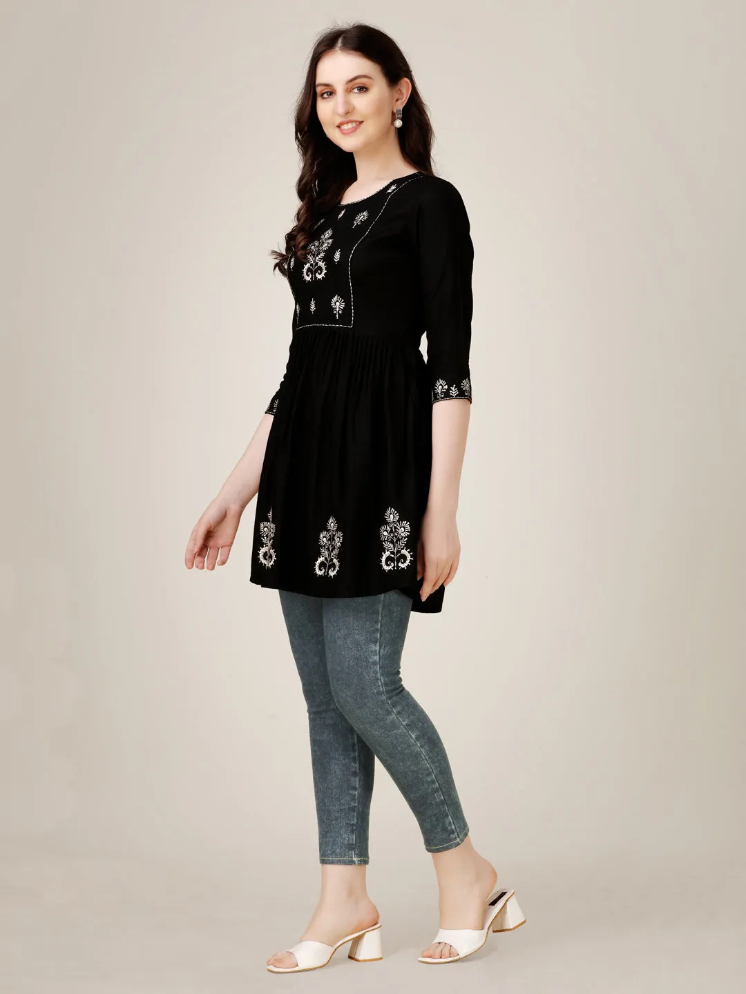 Black Heavy Rayon with Embroidery & Sequence Work Western Top Kurti