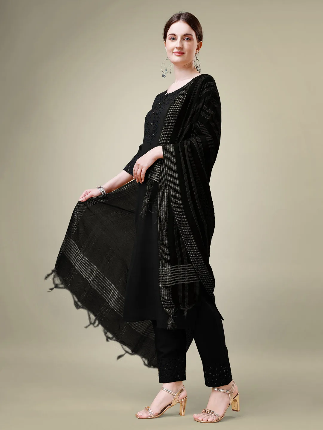 Black Rayon Print with Embroidery & Sequence Work Kurti Set
