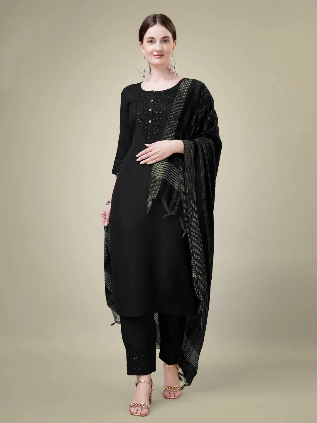 Black Rayon Print with Embroidery & Sequence Work Kurti Set