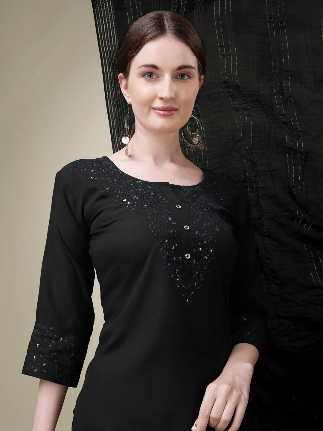 Black Rayon Print with Embroidery & Sequence Work Kurti Set