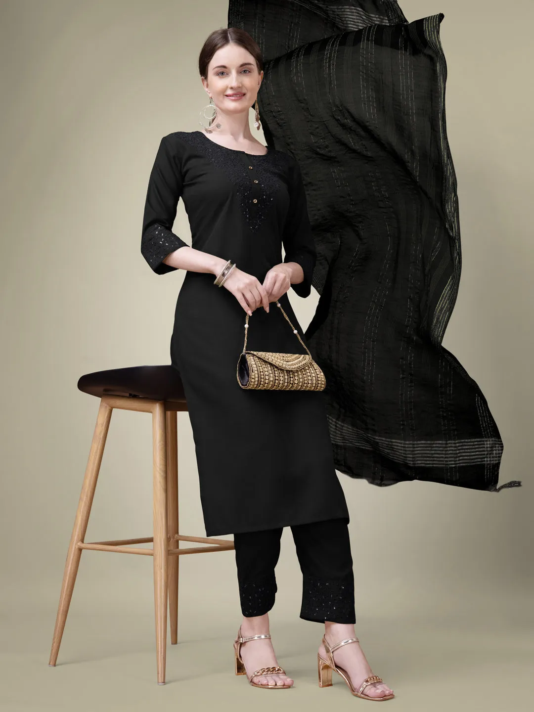 Black Rayon Print with Embroidery & Sequence Work Kurti Set