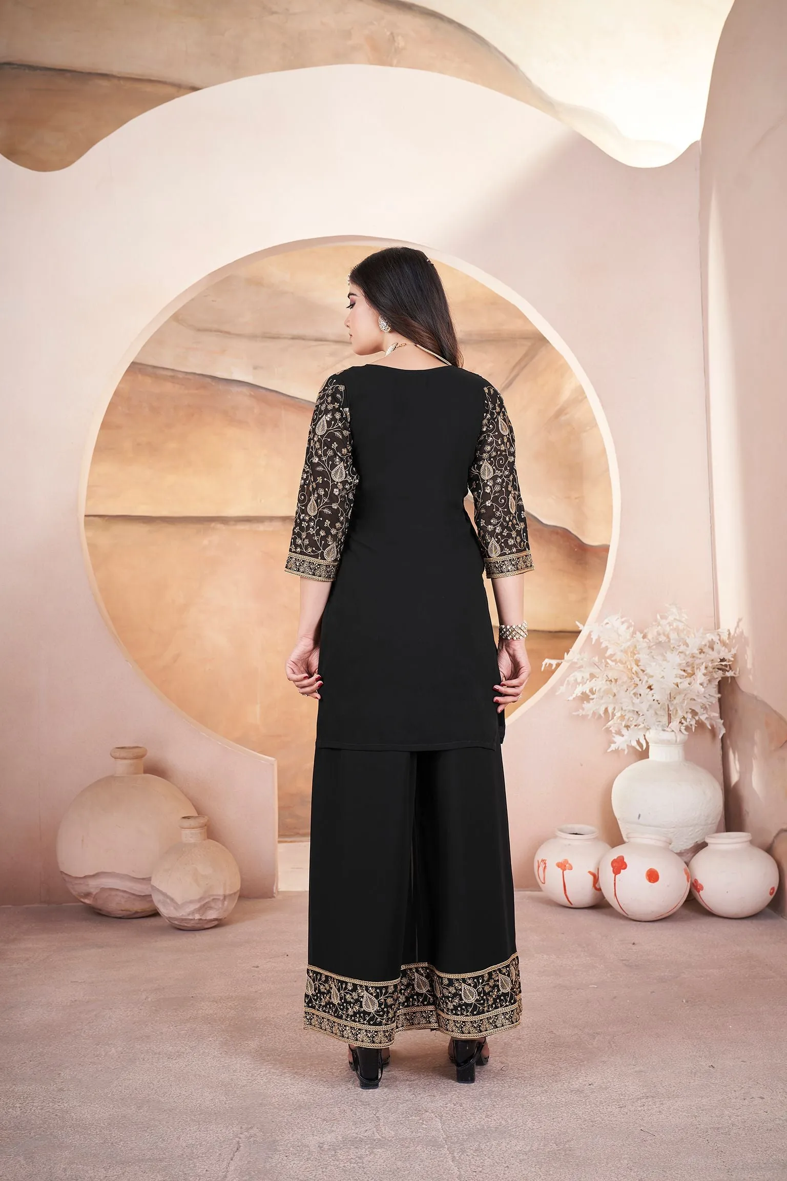 Black Readymade Pure Georgette Pakistani Sharara With Embroidery Sequence Work Sharara Suit