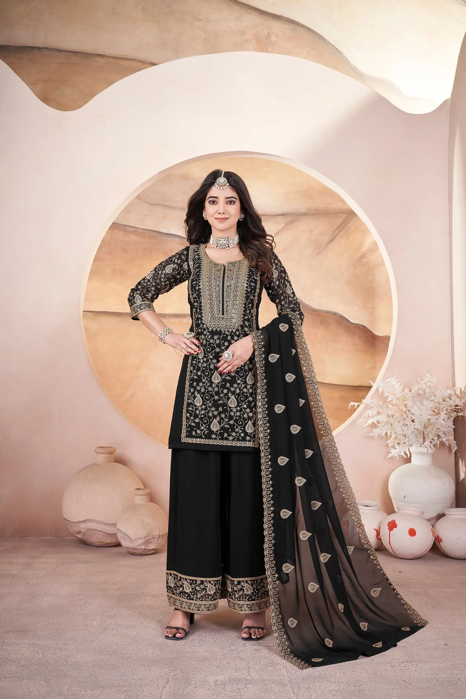 Black Readymade Pure Georgette Pakistani Sharara With Embroidery Sequence Work Sharara Suit