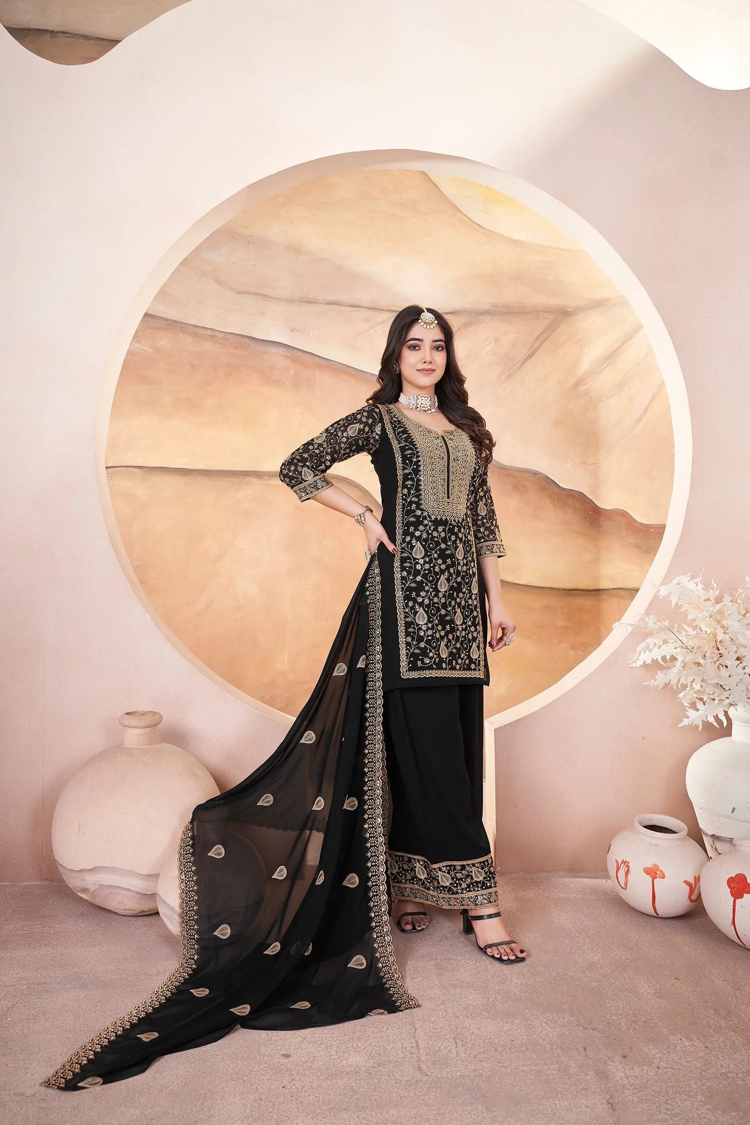 Black Readymade Pure Georgette Pakistani Sharara With Embroidery Sequence Work Sharara Suit